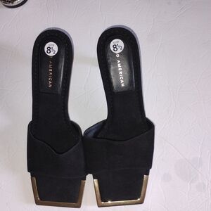 NEW Good American  Standout Black SUEDE Heels W/ GOLD ACCENT | Size 8.5